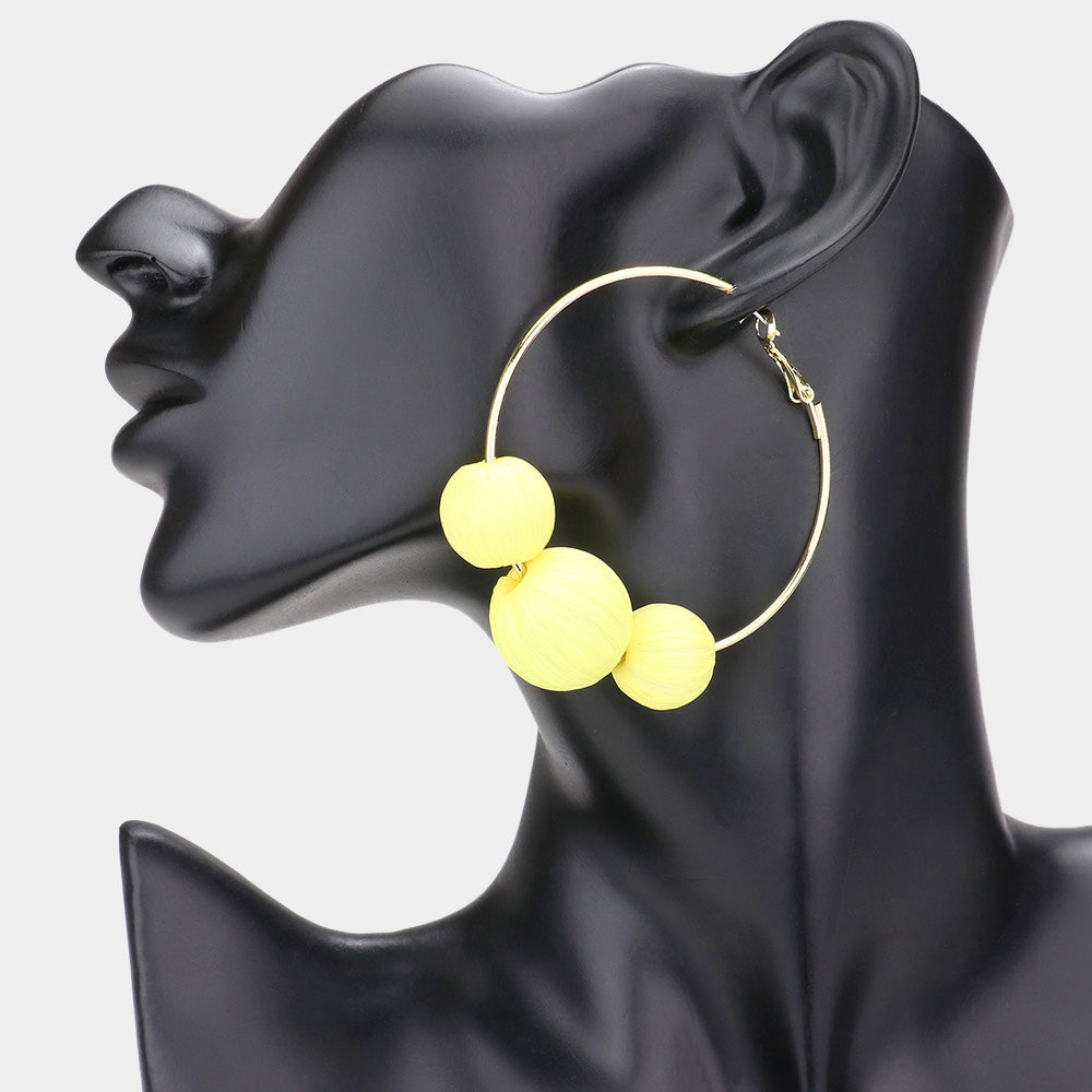 Madeline Love Yellow Raffia Wrapped Triple Ball Hoop Earrings