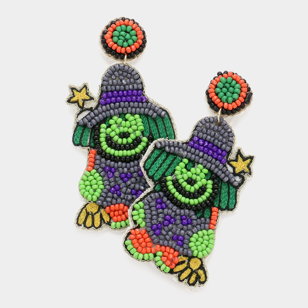 Madeline Love Green Felt Back Seed Beaded Frankenstein Witch Dangle Earrings