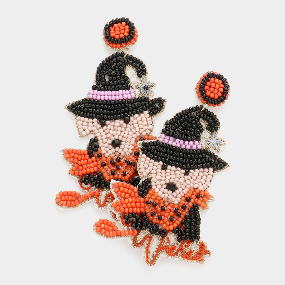 Madeline Love Multi Wicked Message Felt Back Seed Beaded Hat Dog Dangle Earrings