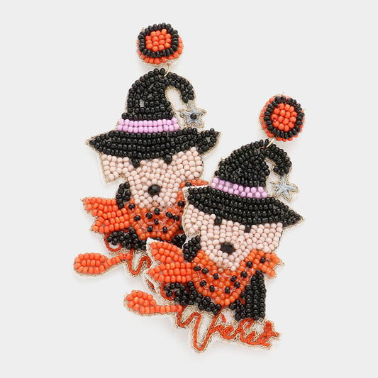 Madeline Love Multi Wicked Message Felt Back Seed Beaded Hat Dog Dangle Earrings