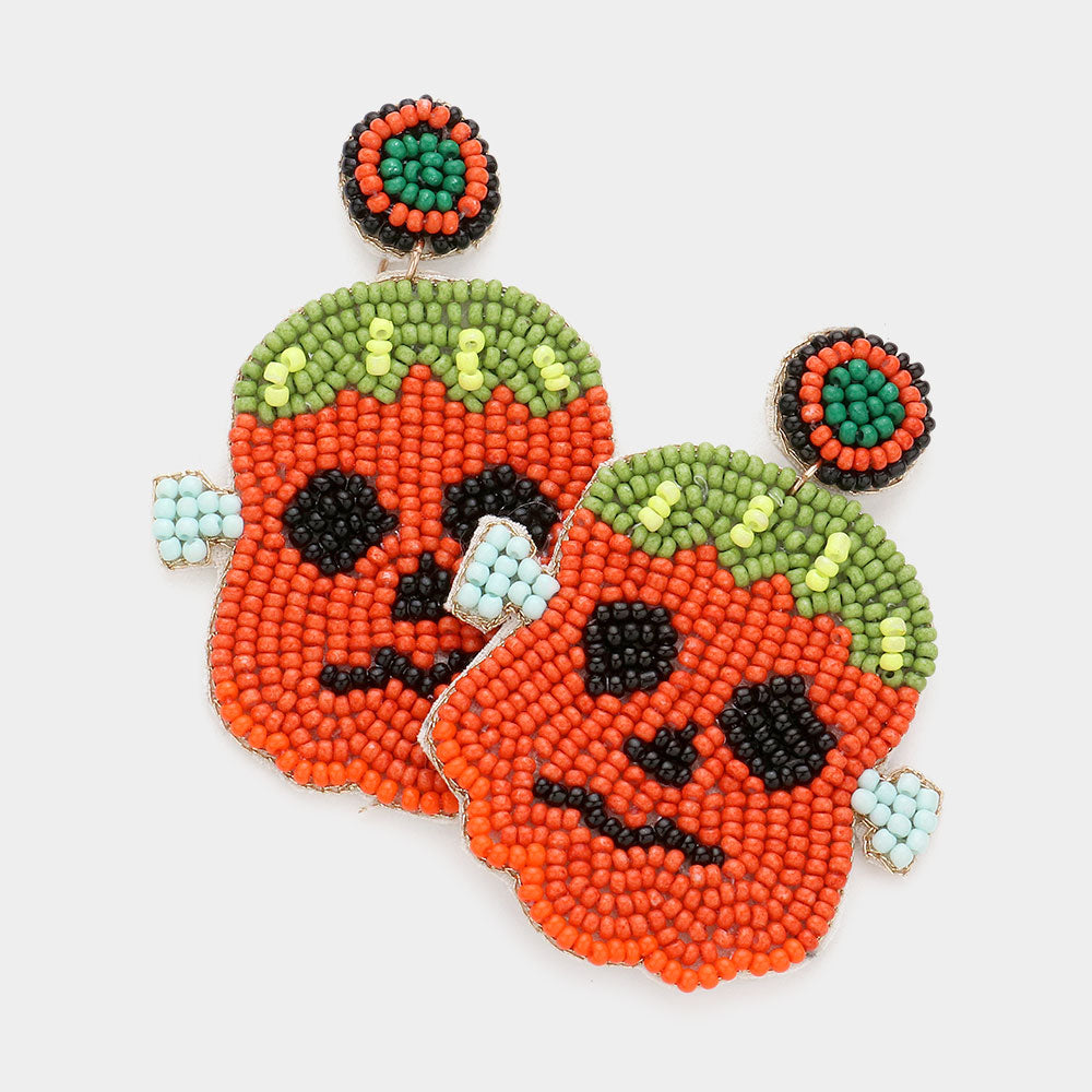 Madeline Love Orange Felt Back Seed Beaded Pumpkin Frankenstein Dangle Earrings
