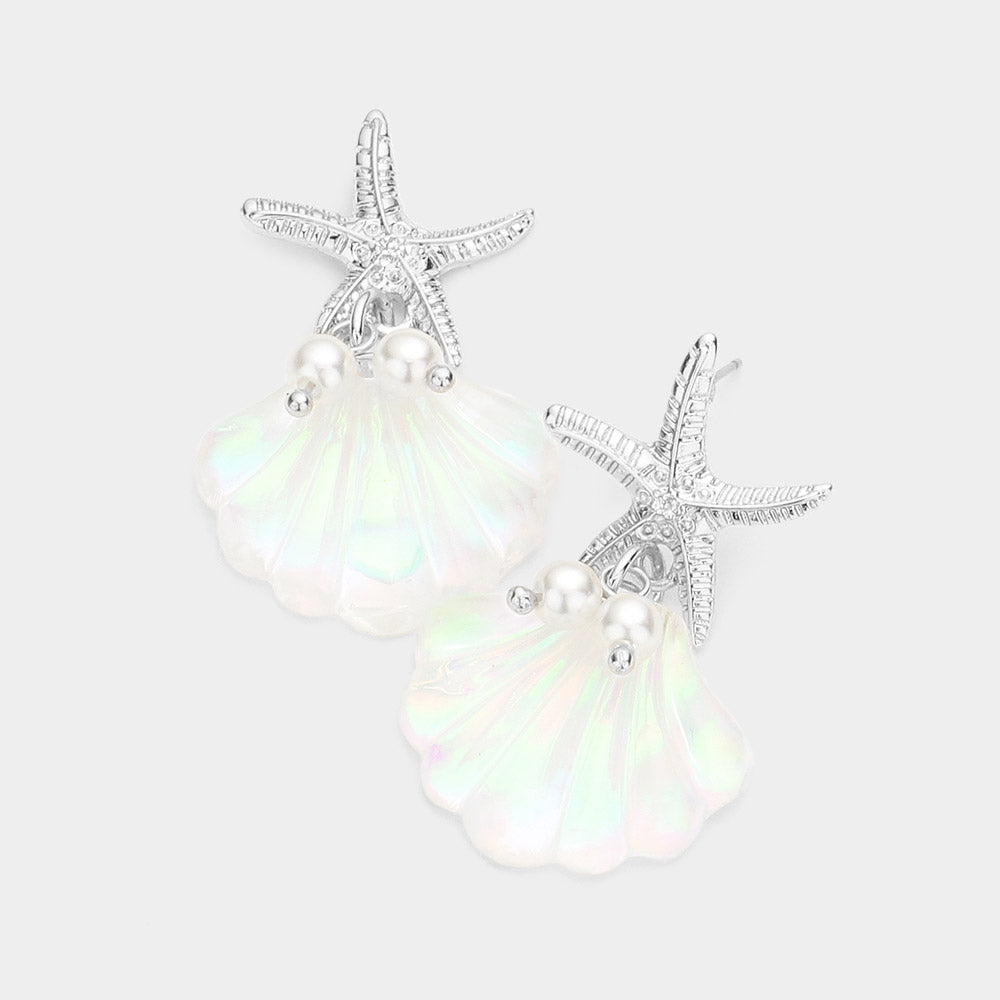 Madeline Love Rhodium Metal Starfish Pearl Shell Link Dangle Earrings