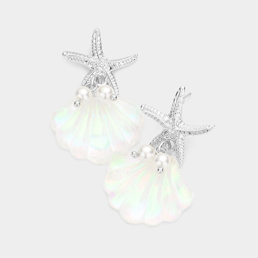 Madeline Love Rhodium Metal Starfish Pearl Shell Link Dangle Earrings