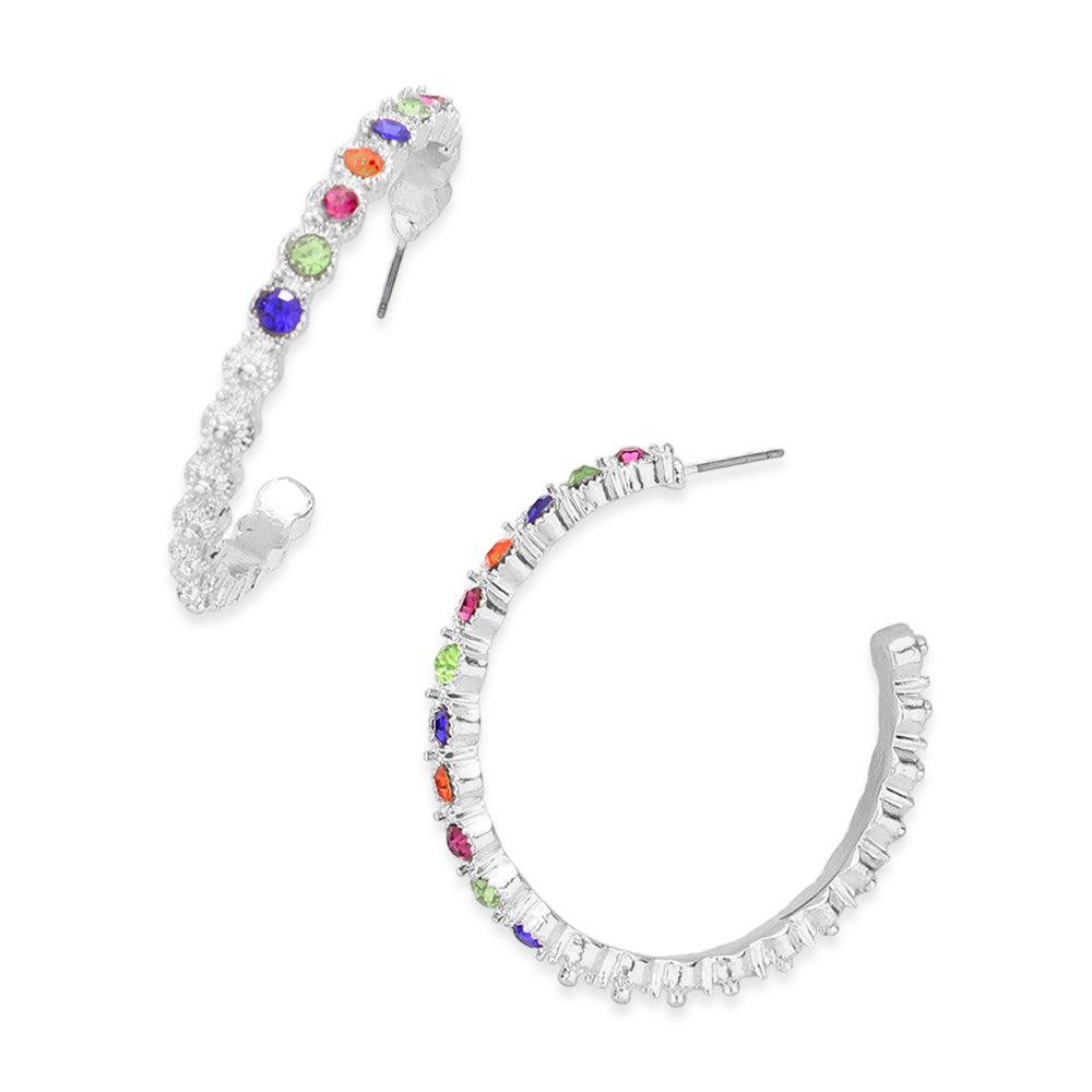 Madeline Love Multi, Rhodium Stone Embellished Half Hoop Earrings - extra