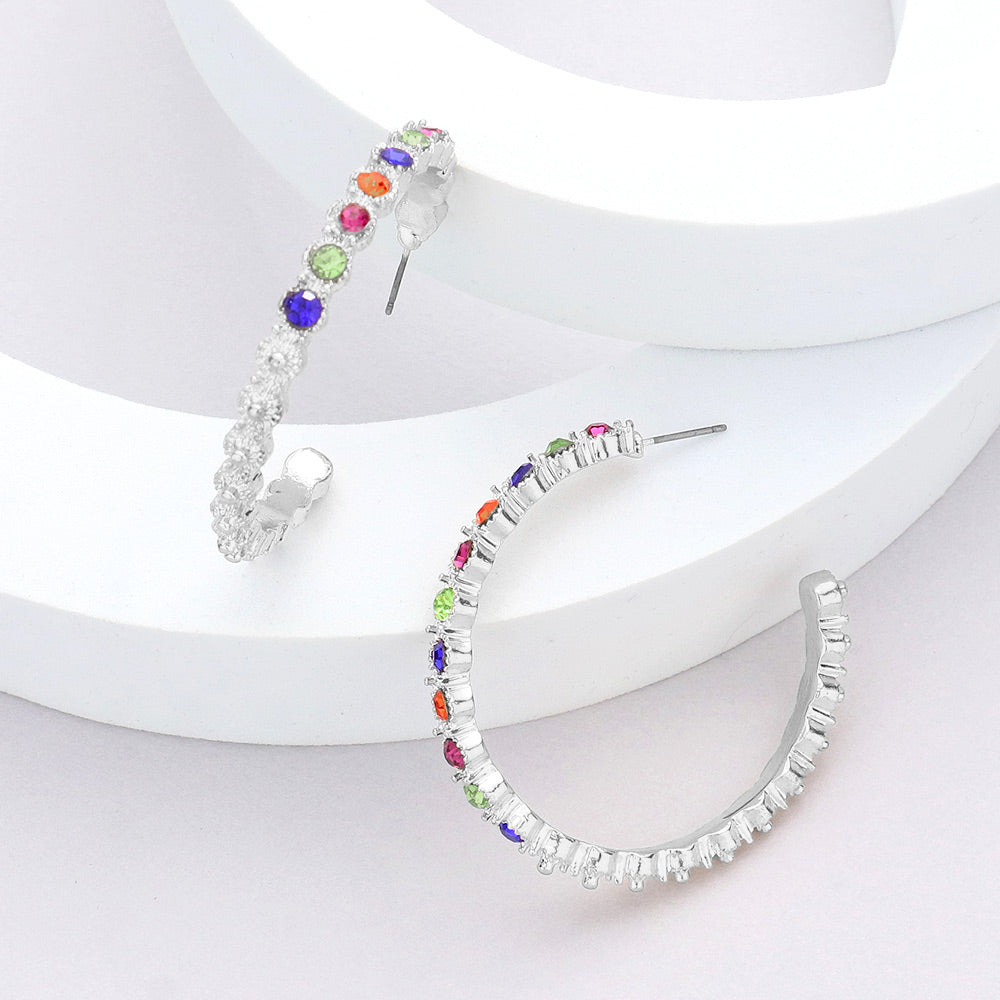 Madeline Love Multi, Rhodium Stone Embellished Half Hoop Earrings