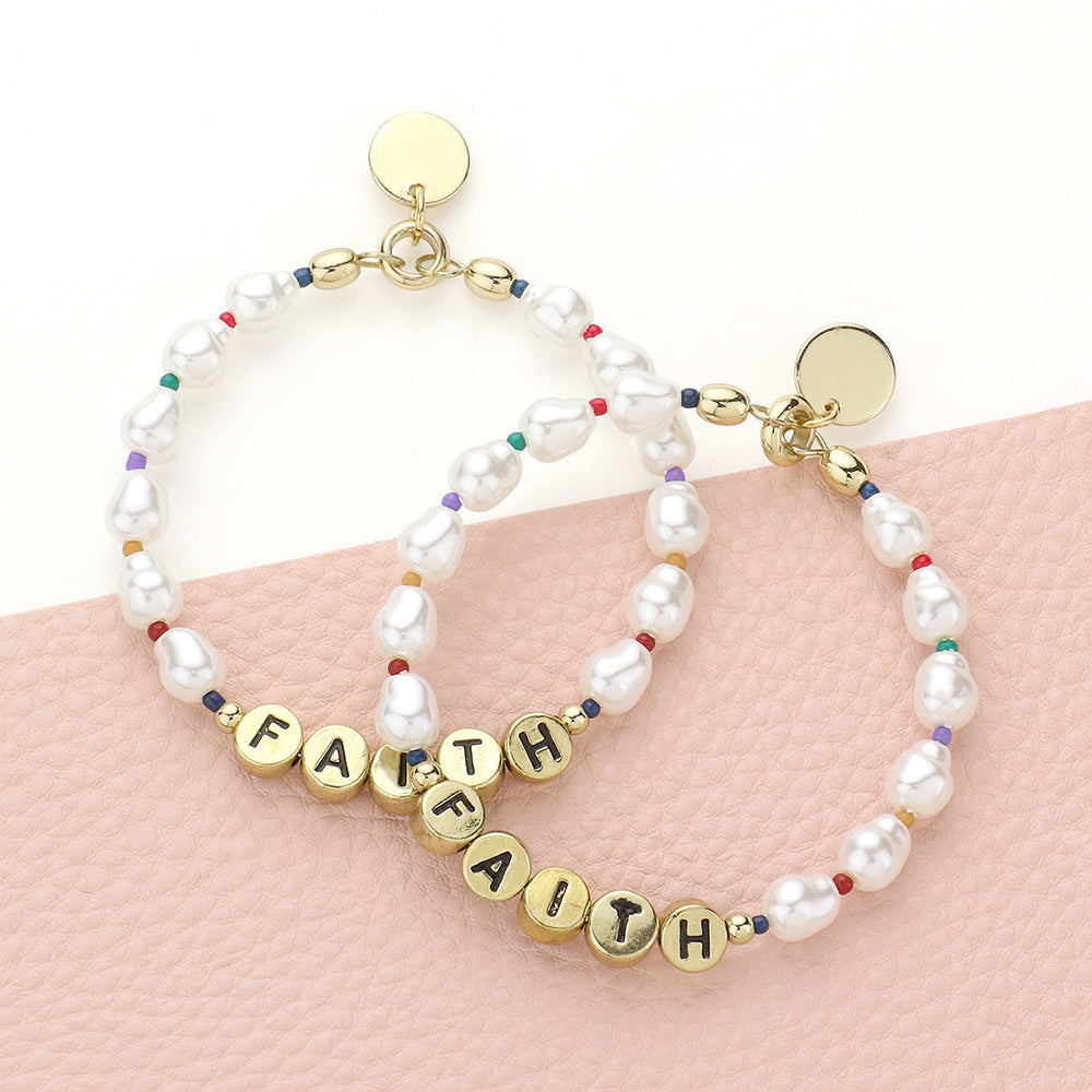 Madeline Love Cream, Gold Faith Message Pearl Beaded Dangle Earrings