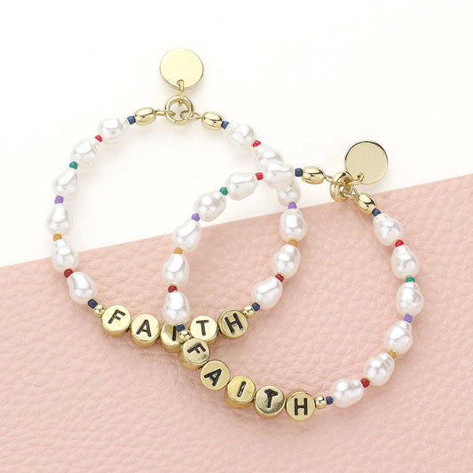 Madeline Love Cream, Gold Faith Message Pearl Beaded Dangle Earrings