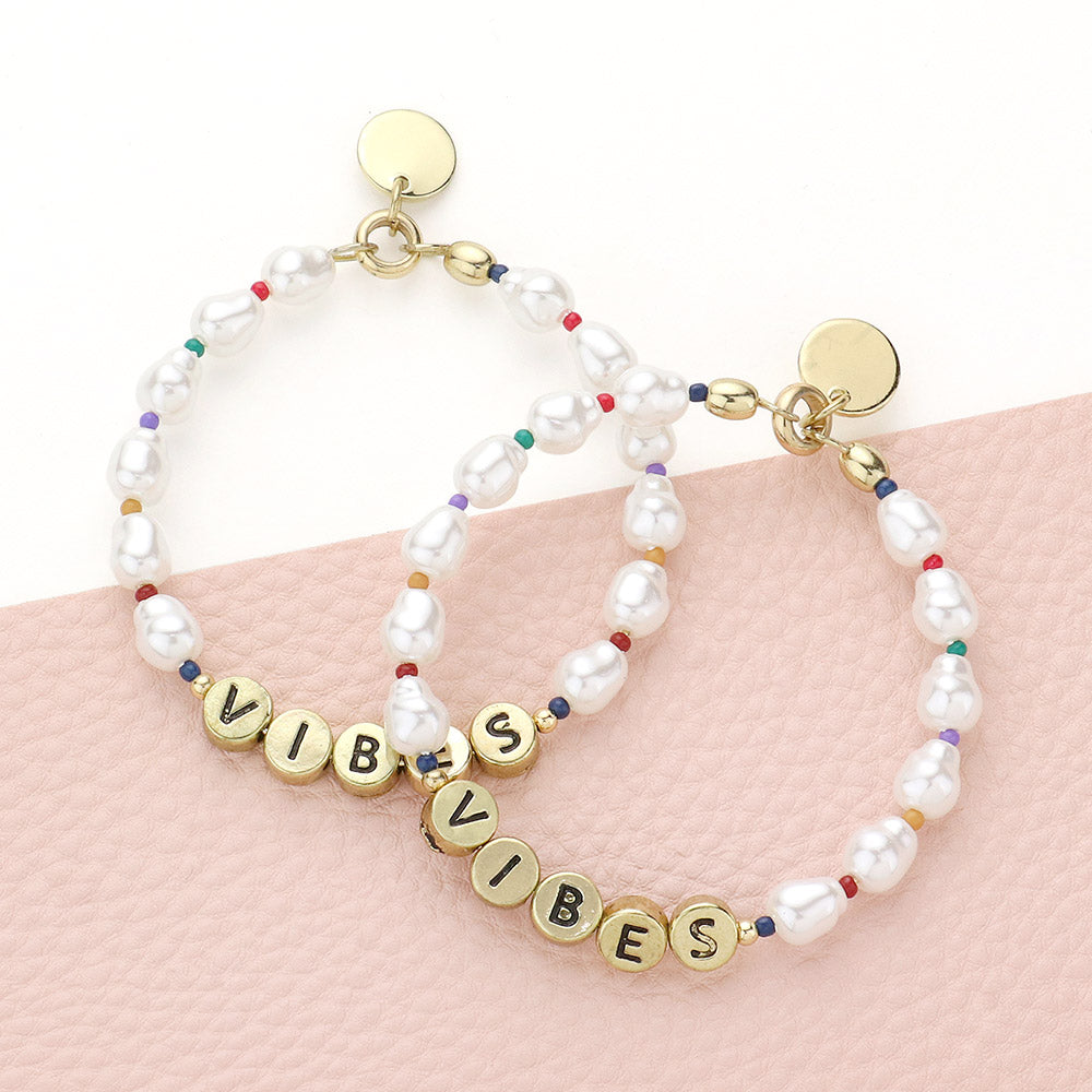 Madeline Love Cream, Gold Vibes Message Pearl Beaded Dangle Earrings