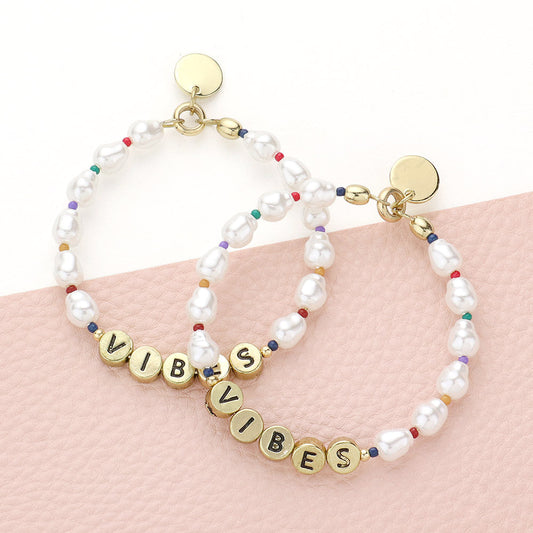 Madeline Love Cream, Gold Vibes Message Pearl Beaded Dangle Earrings