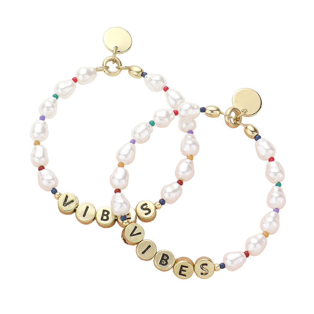 Madeline Love Cream, Gold Vibes Message Pearl Beaded Dangle Earrings - desc
