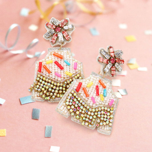 Madeline Love White Felt Back Stone Beaded Birthday Sweater Dangle Earrings