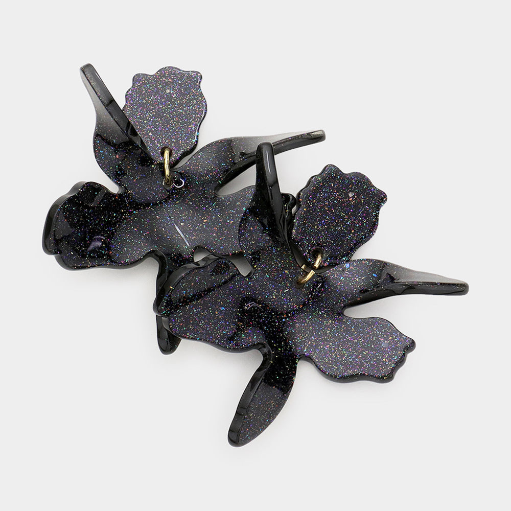 Madeline Love Black Floral Glittered Resin Dangle Earrings