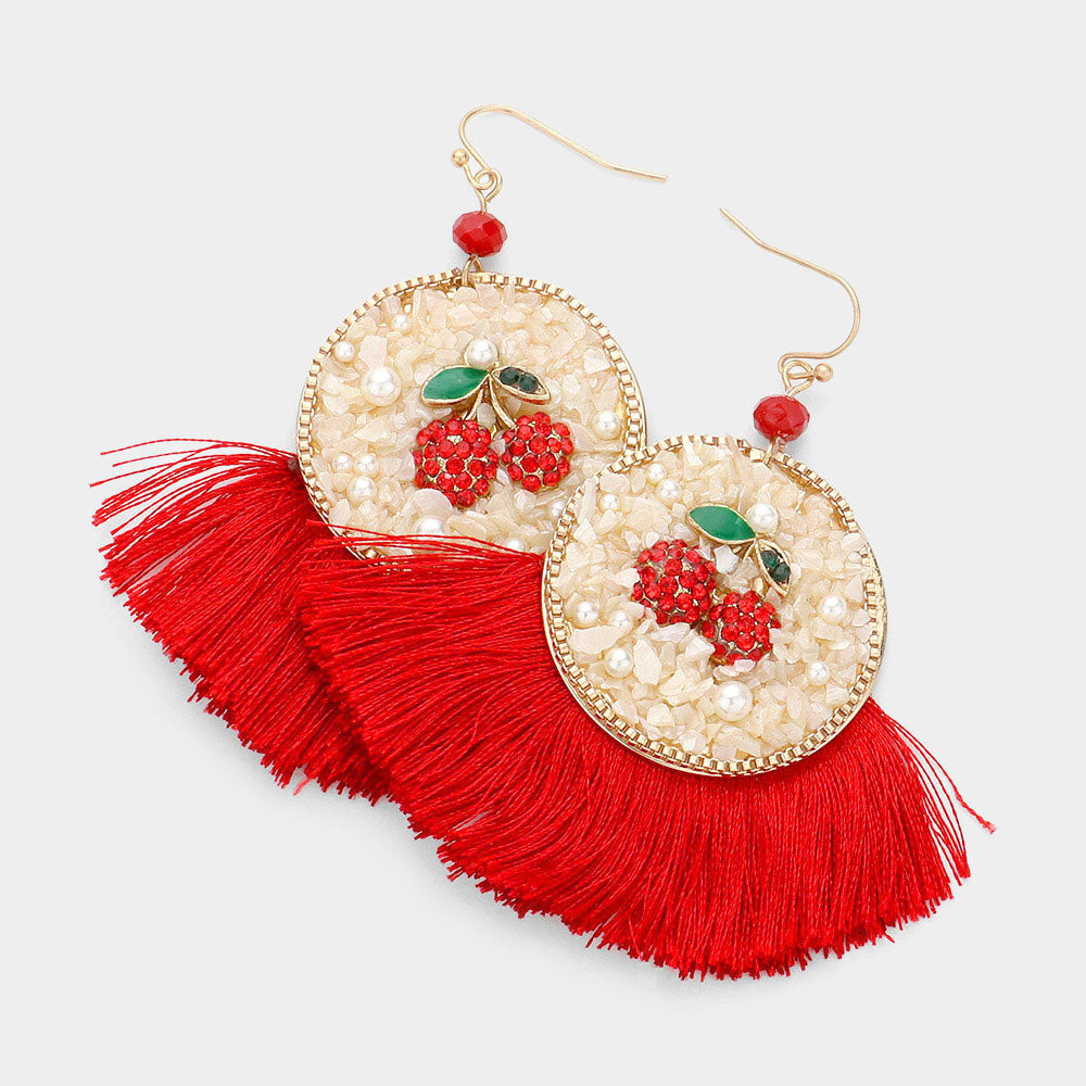 Madeline Love Gold, Red Pave Cherry Fan Tassel Drop Earrings