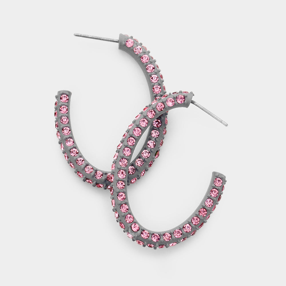 Madeline Love Gray, Pink Resin Colorful Rhinestone Pave Hoop Earrings