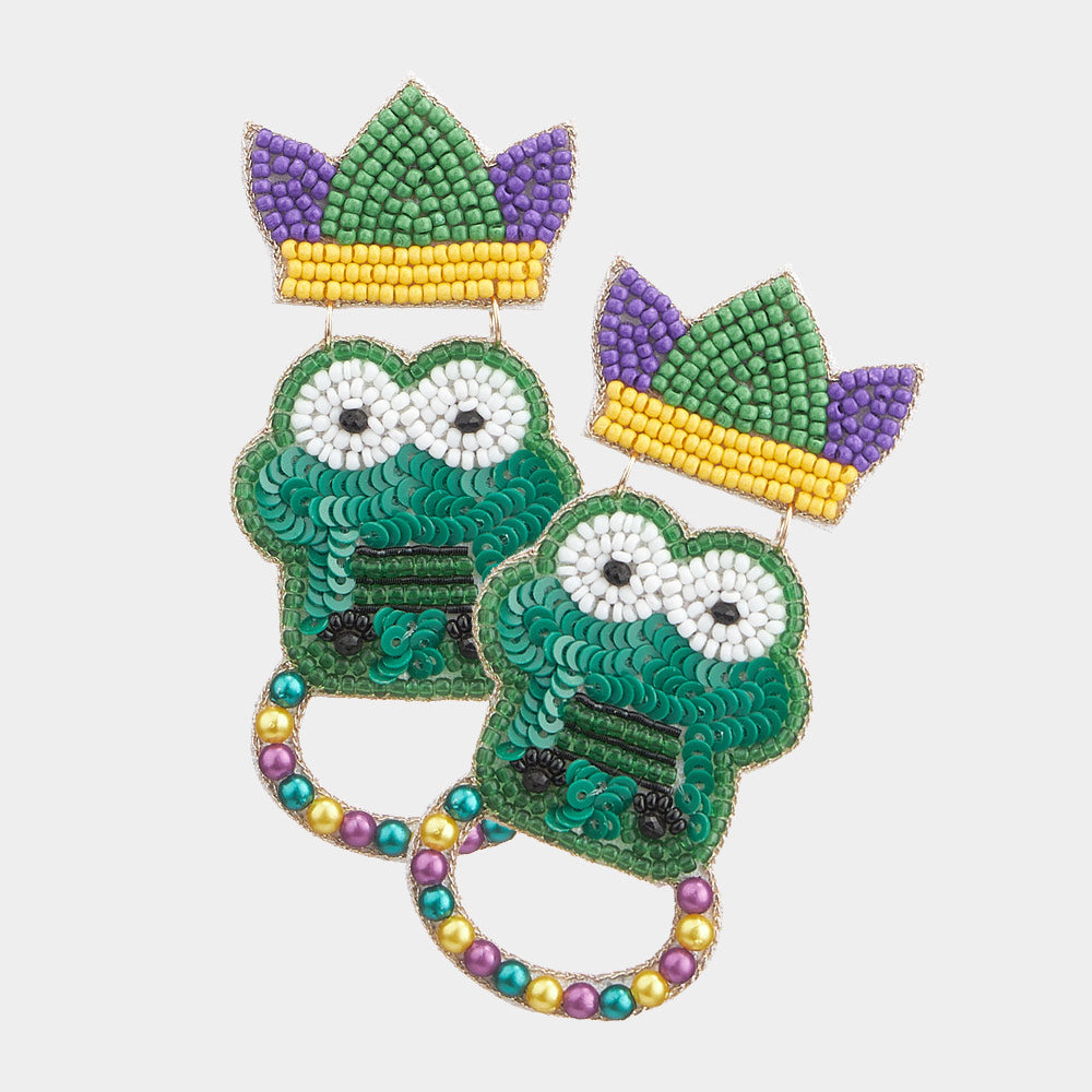 Multi Felt Back Mardi Gras Crocodile/Alligator Beaded Earrings