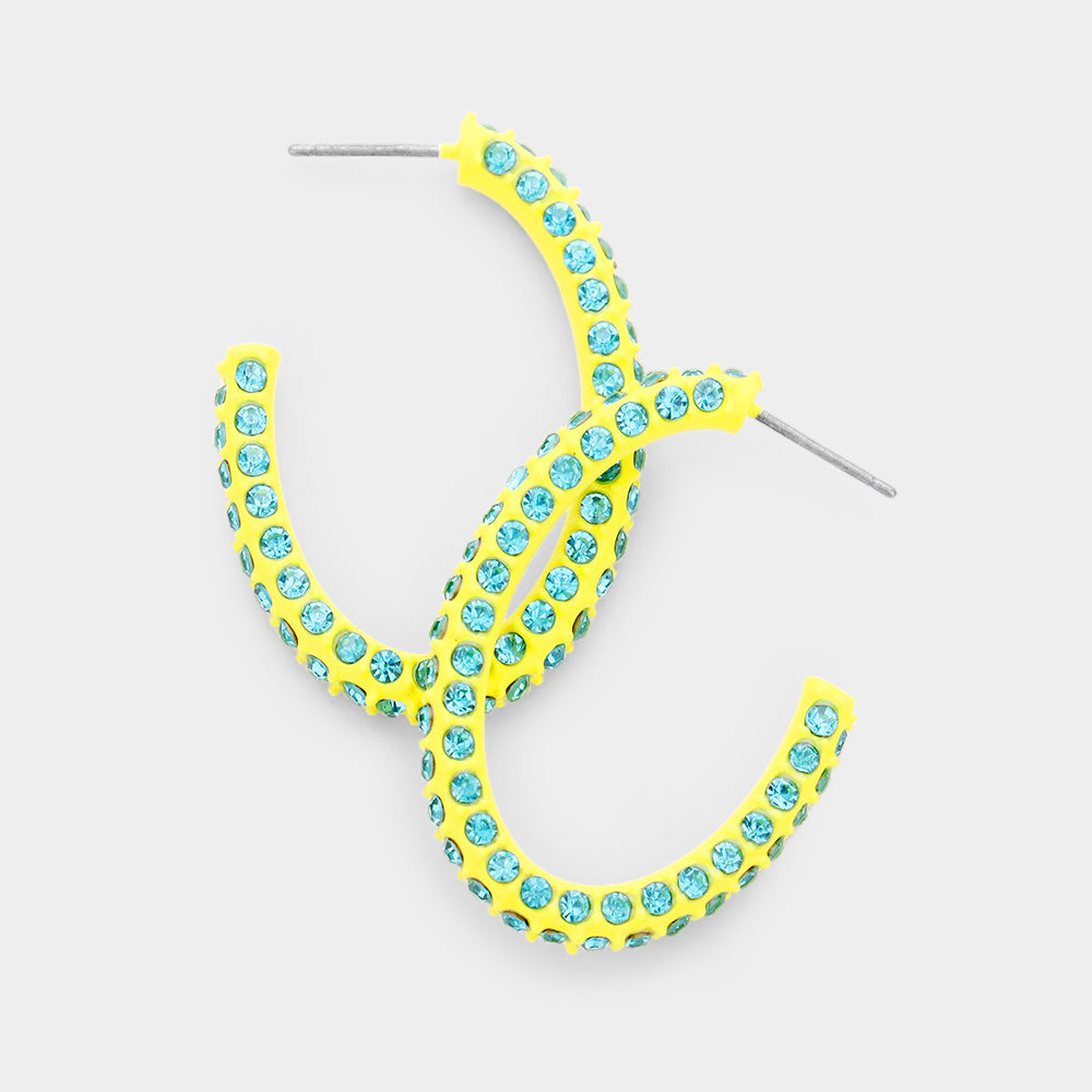 Madeline Love Aqua, Yellow Resin Colorful Rhinestone Pave Hoop Earrings