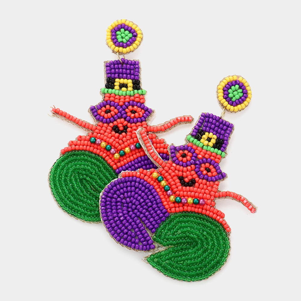 Multi Felt Back Mardi Gras Lobster Beaded Dangle Earrings
