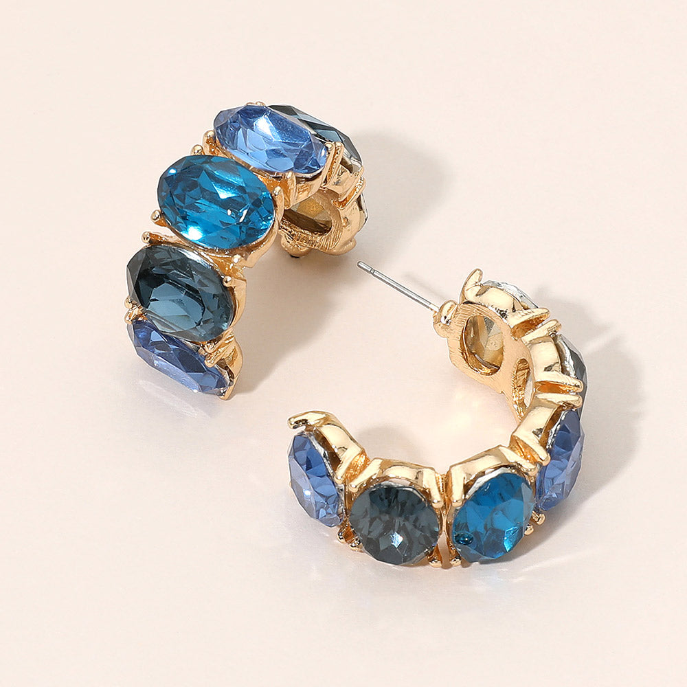 Madeline Love Blue, Gold Faceted Oval Gemstone Chunky Hoop Earrings