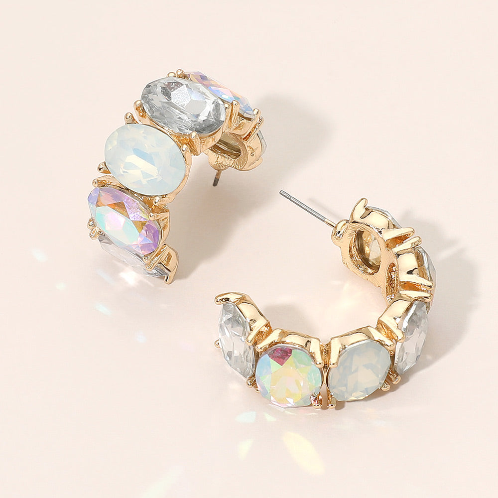 Madeline Love Clear, Gold Faceted Oval Gemstone Chunky Hoop Earrings