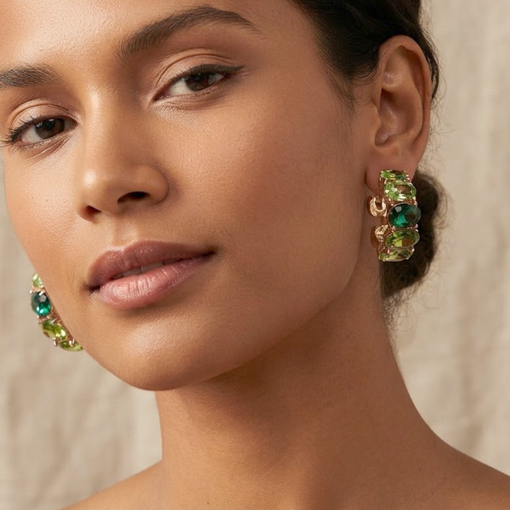 Madeline Love Gold, Green Faceted Oval Gemstone Chunky Hoop Earrings