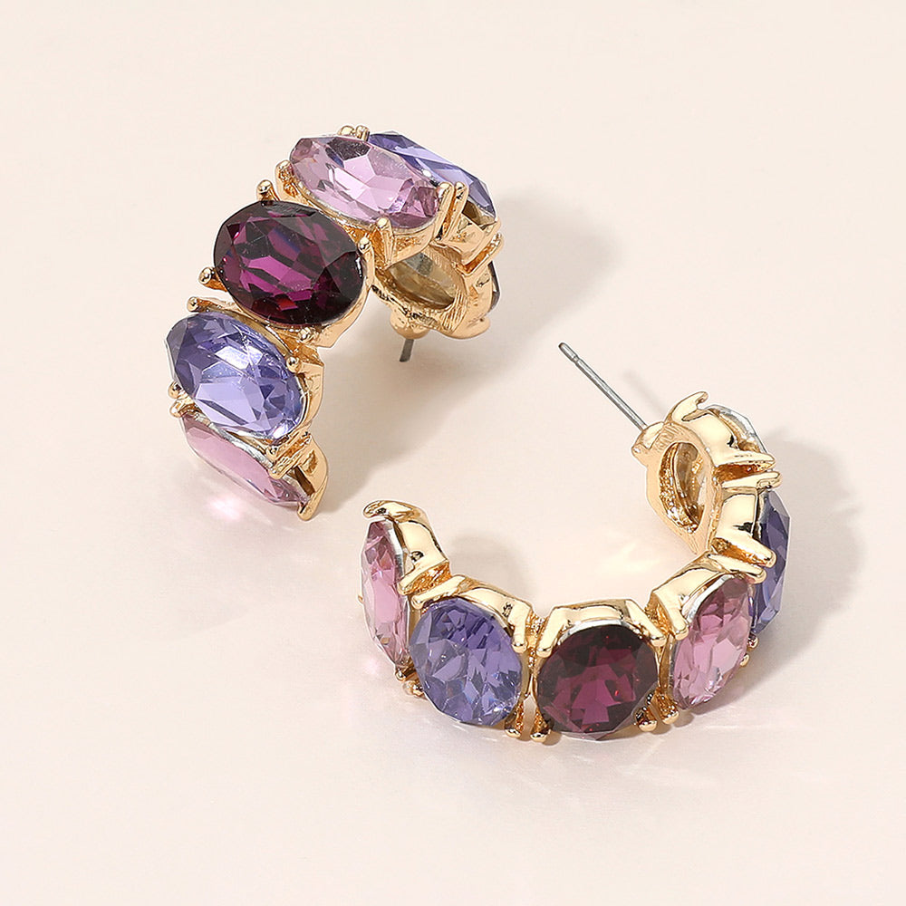 Madeline Love Gold, Purple Faceted Oval Gemstone Chunky Hoop Earrings