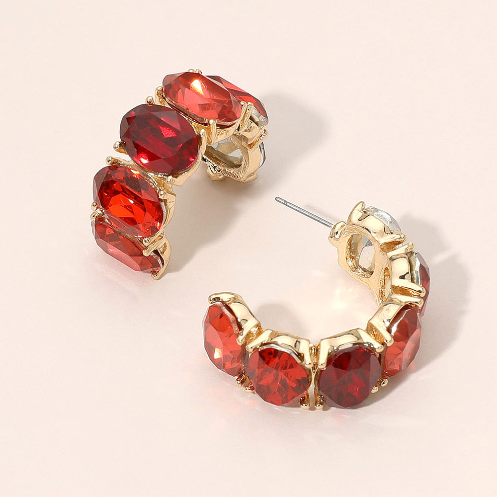 Madeline Love Gold, Red Faceted Oval Gemstone Chunky Hoop Earrings