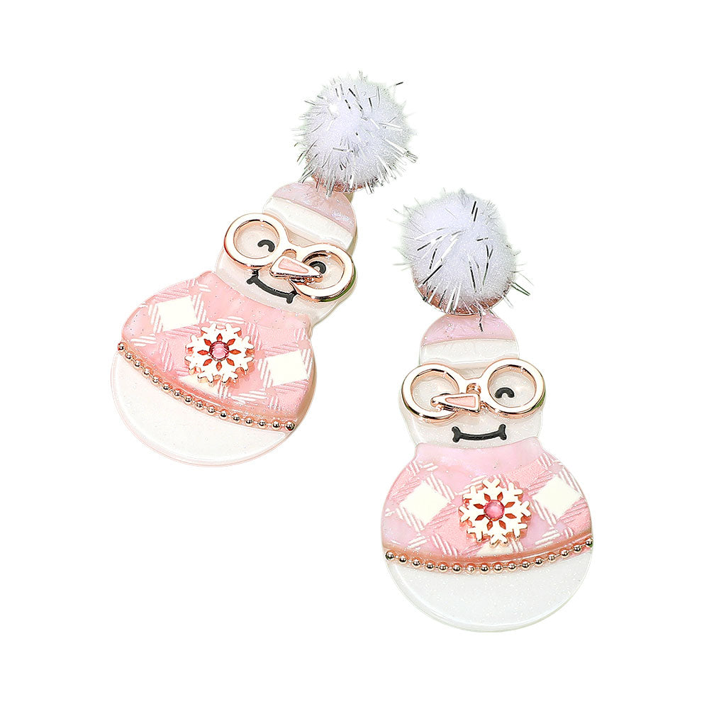 Pink Pom Pom Resin Christmas Snowman Dangle Earrings