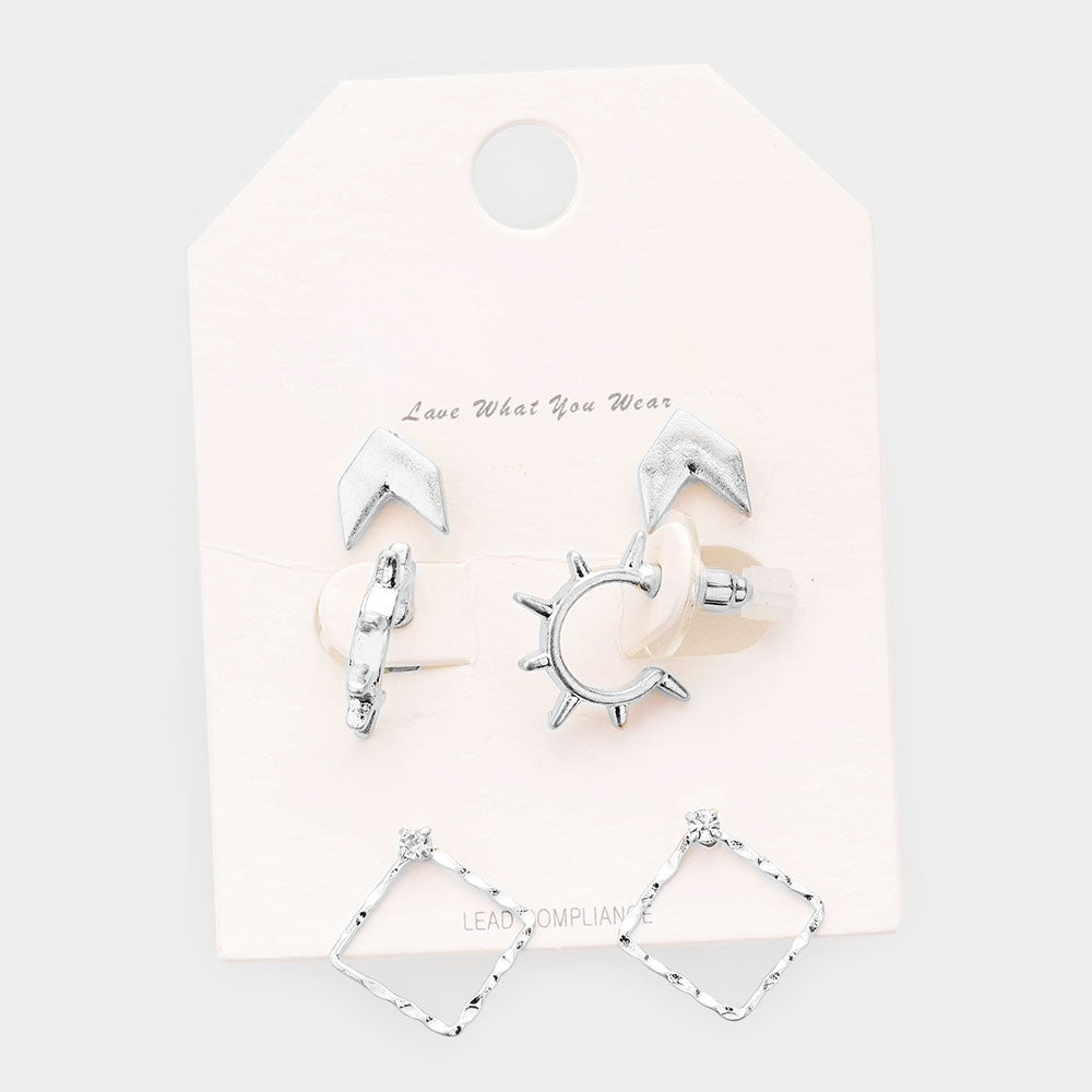 Madeline Love Worn Silver 3Pairs - Geometric Metal Sun Open Square Earrings