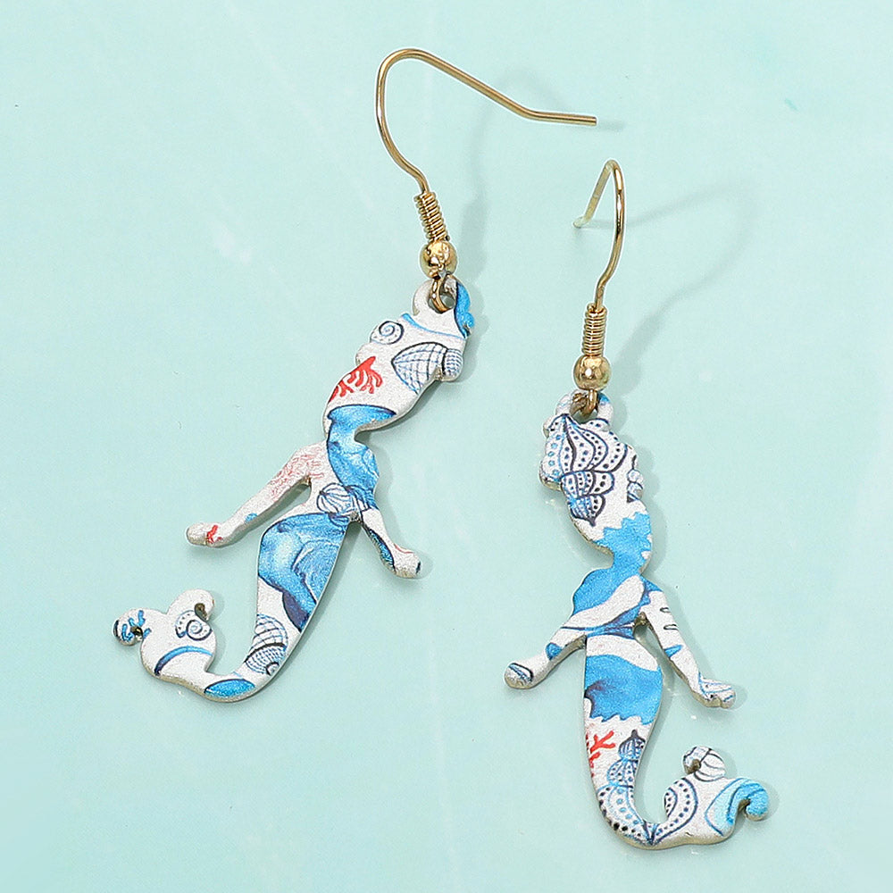 Madeline Love Gold Sea Life Pattern Printed Metal Mermaid Dangle Earrings