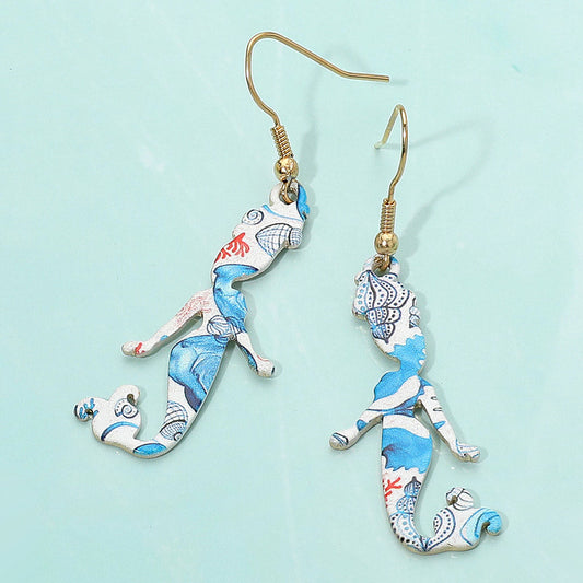 Madeline Love Gold Sea Life Pattern Printed Metal Mermaid Dangle Earrings