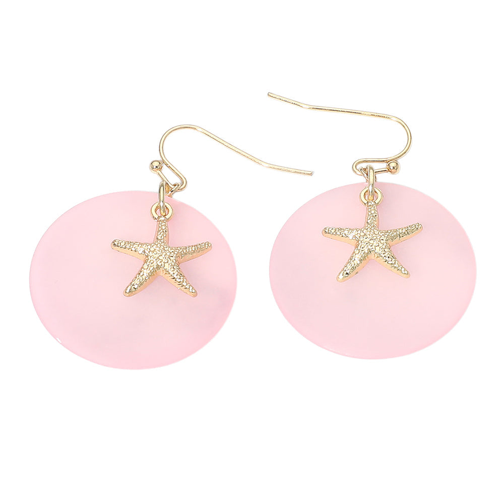 Madeline Love Gold, Pink Starfish Charm Disc Layered Drop Earrings - desc