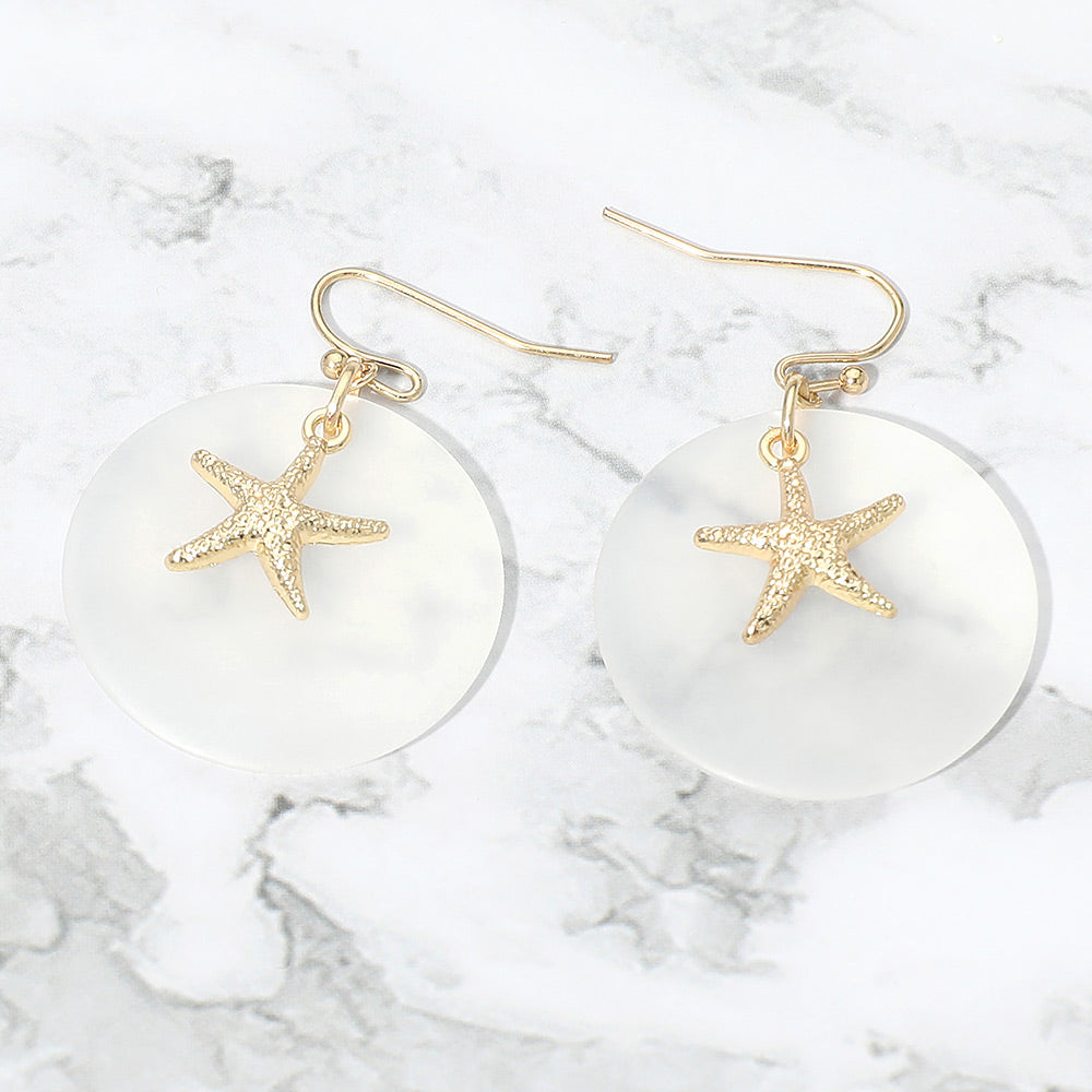 Madeline Love Gold, White Starfish Charm Disc Layered Drop Earrings
