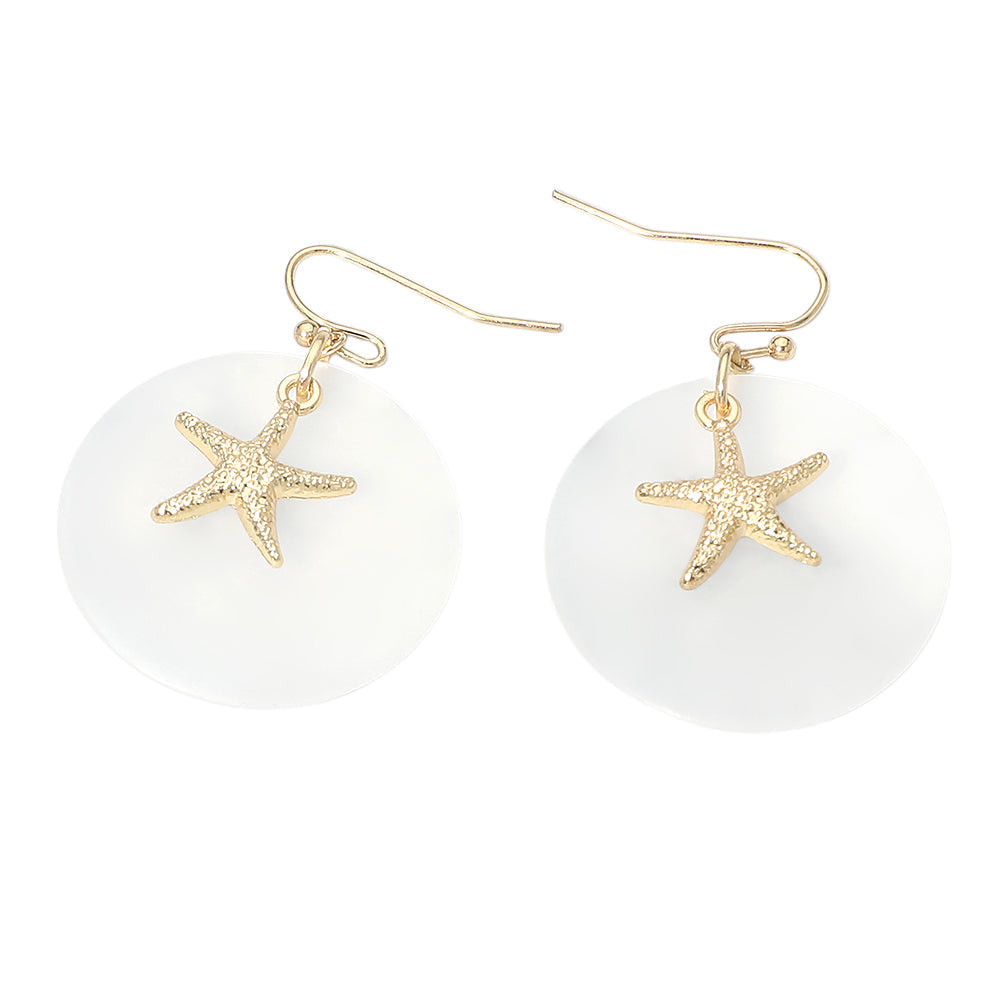 Madeline Love Gold, White Starfish Charm Disc Layered Drop Earrings - desc