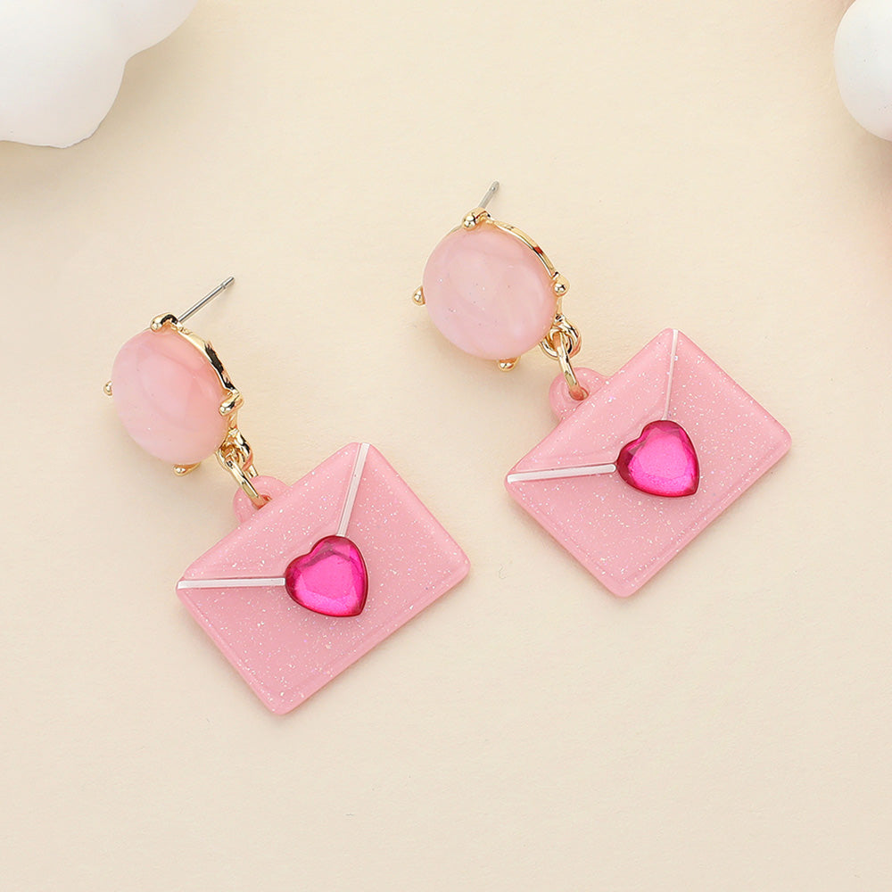 Glittered Resin Heart Envelop Dangle Earrings