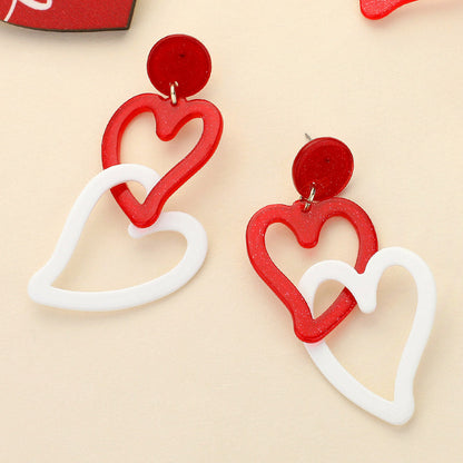Glittered Resin Open Heart Link Dangle Earrings - Red - Earrings