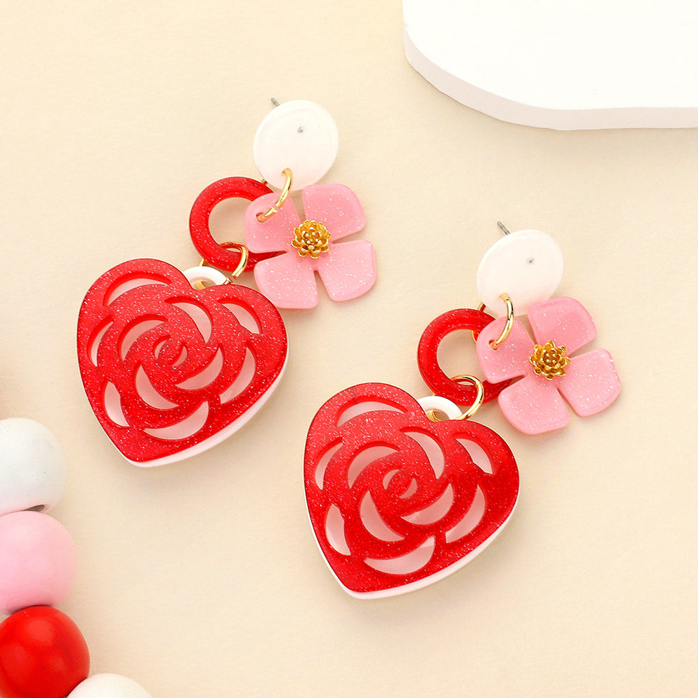 Glittered Resin Heart Flower Dangle Earrings