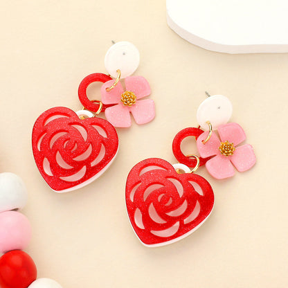 Glittered Resin Heart Flower Dangle Earrings