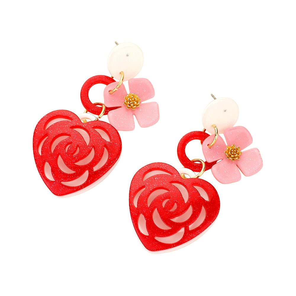 Glittered Resin Heart Flower Dangle Earrings