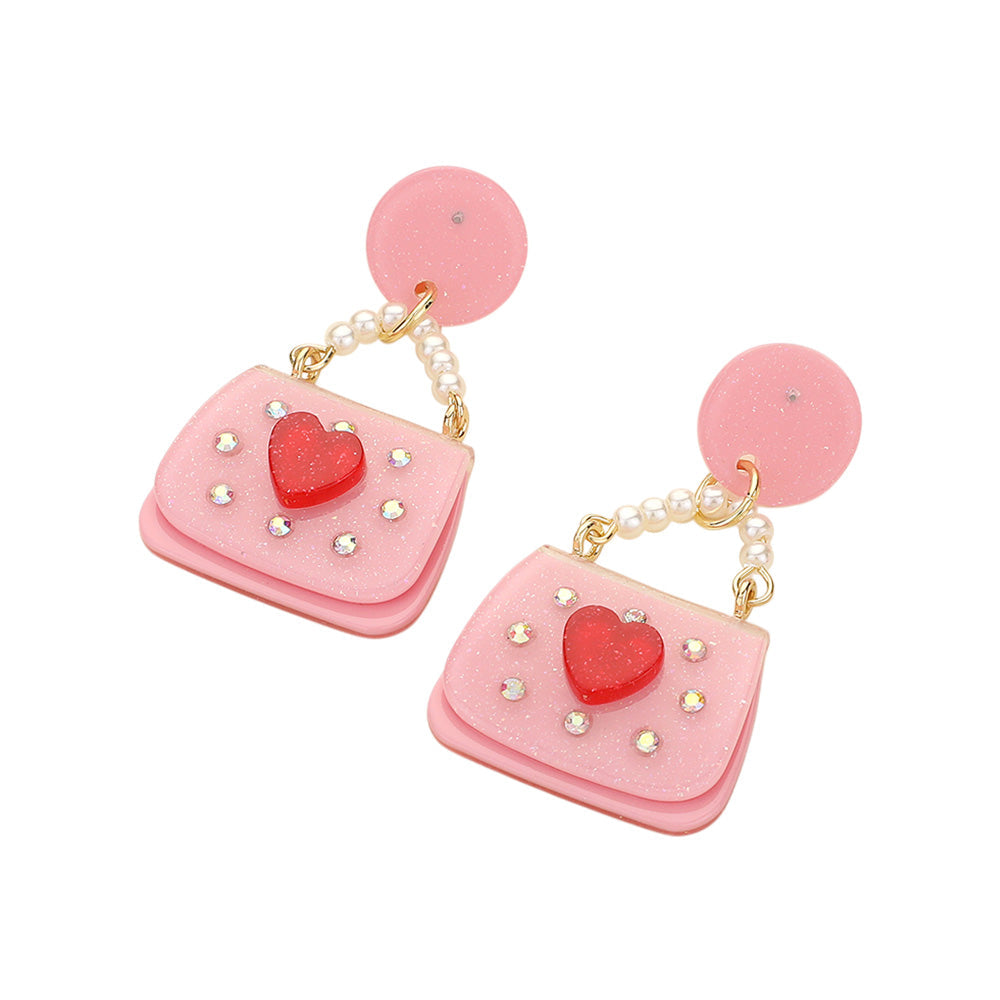 Glittered Resin Pearl Heart Handbag Dangle Earrings