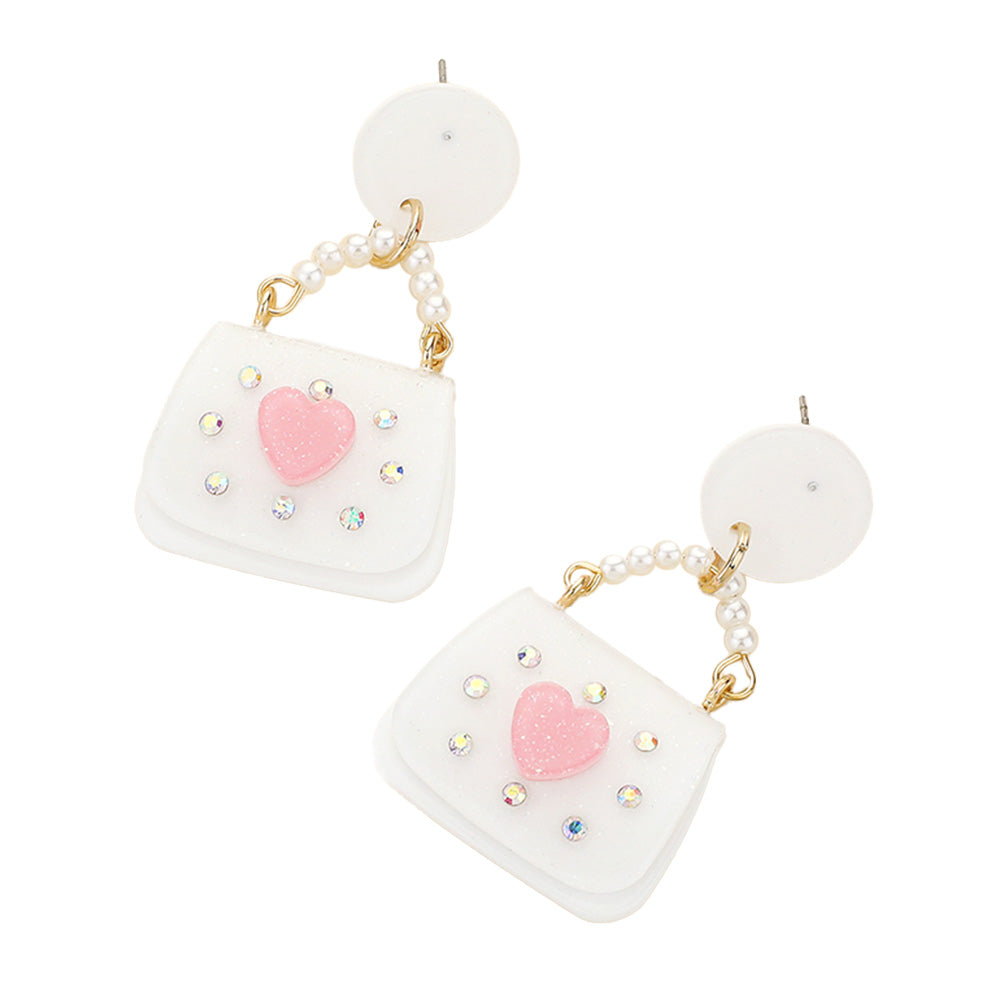 Glittered Resin Pearl Heart Handbag Dangle Earrings