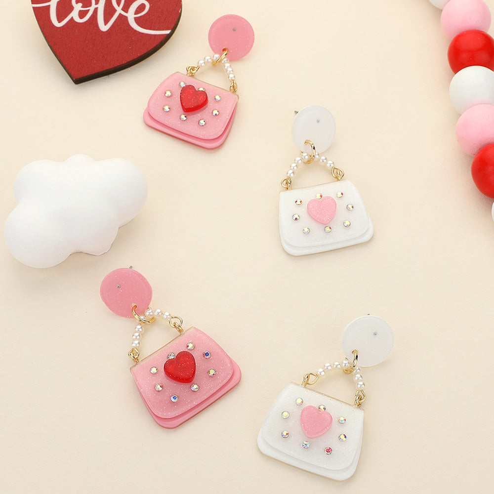 Glittered Resin Pearl Heart Handbag Dangle Earrings