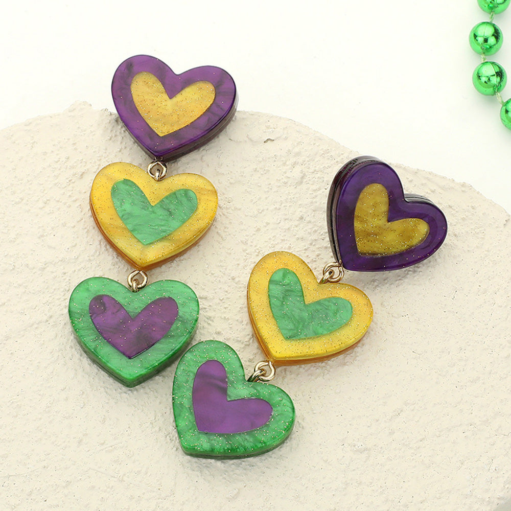 Multi Glittered Resin Mardi Gras Triple Heart Link Dropdown Earrings