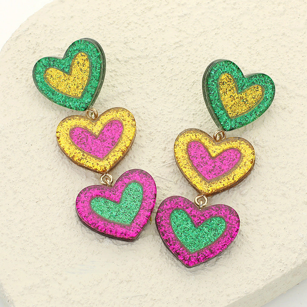 Multi Glittered Resin Mardi Gras Triple Heart Link Dropdown Earrings