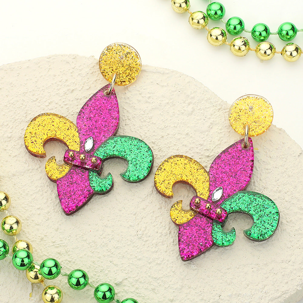 Multi Glittered Resin Mardi Gras Fleur de Lis Dangle Earrings