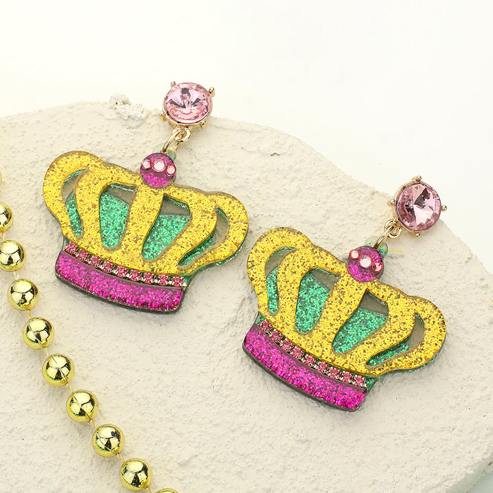Multi Glittered Resin Mardi Gras Crown Dangle Earrings