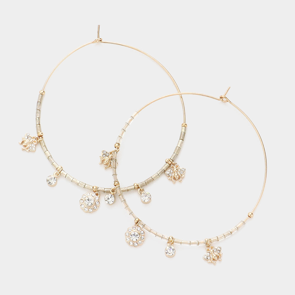 Madeline Love Gold Rhinestone Embellished Metal Flower Honey Bee Beaded Open Circle Earrings