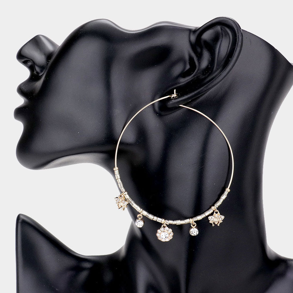 Madeline Love Gold Rhinestone Embellished Metal Flower Honey Bee Beaded Open Circle Earrings - desc