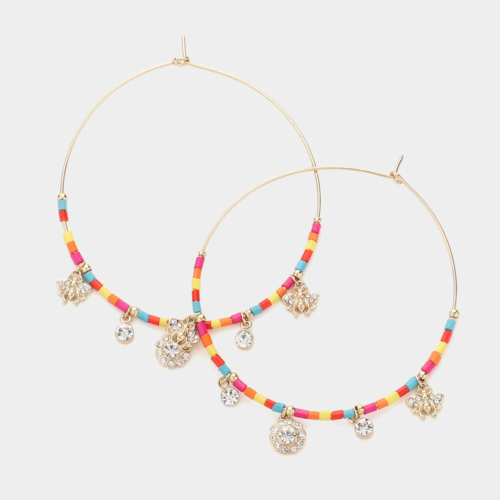 Madeline Love Multi Rhinestone Embellished Metal Flower Honey Bee Beaded Open Circle Earrings