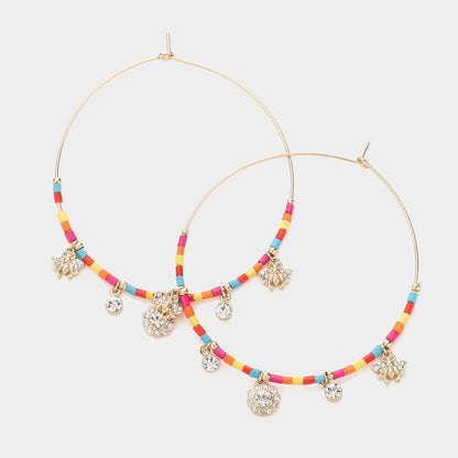 Madeline Love Multi Rhinestone Embellished Metal Flower Honey Bee Beaded Open Circle Earrings