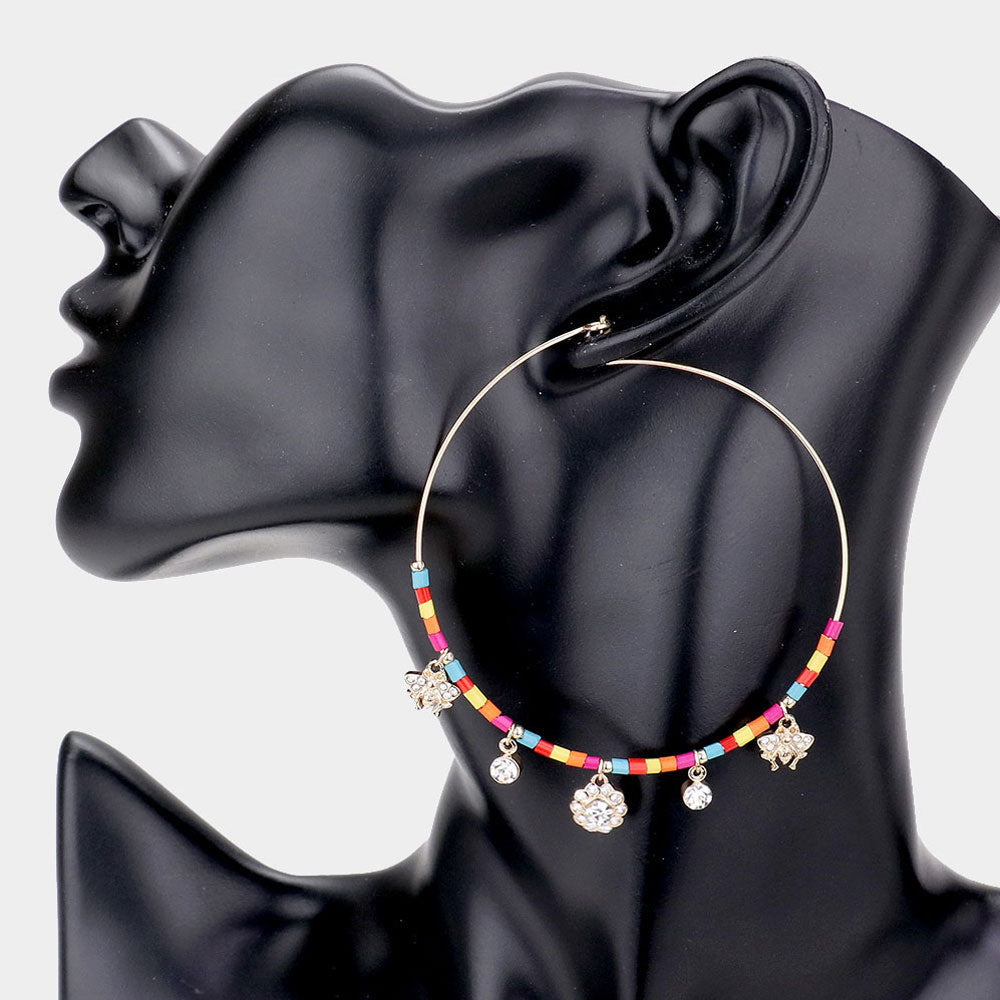 Madeline Love Multi Rhinestone Embellished Metal Flower Honey Bee Beaded Open Circle Earrings - desc